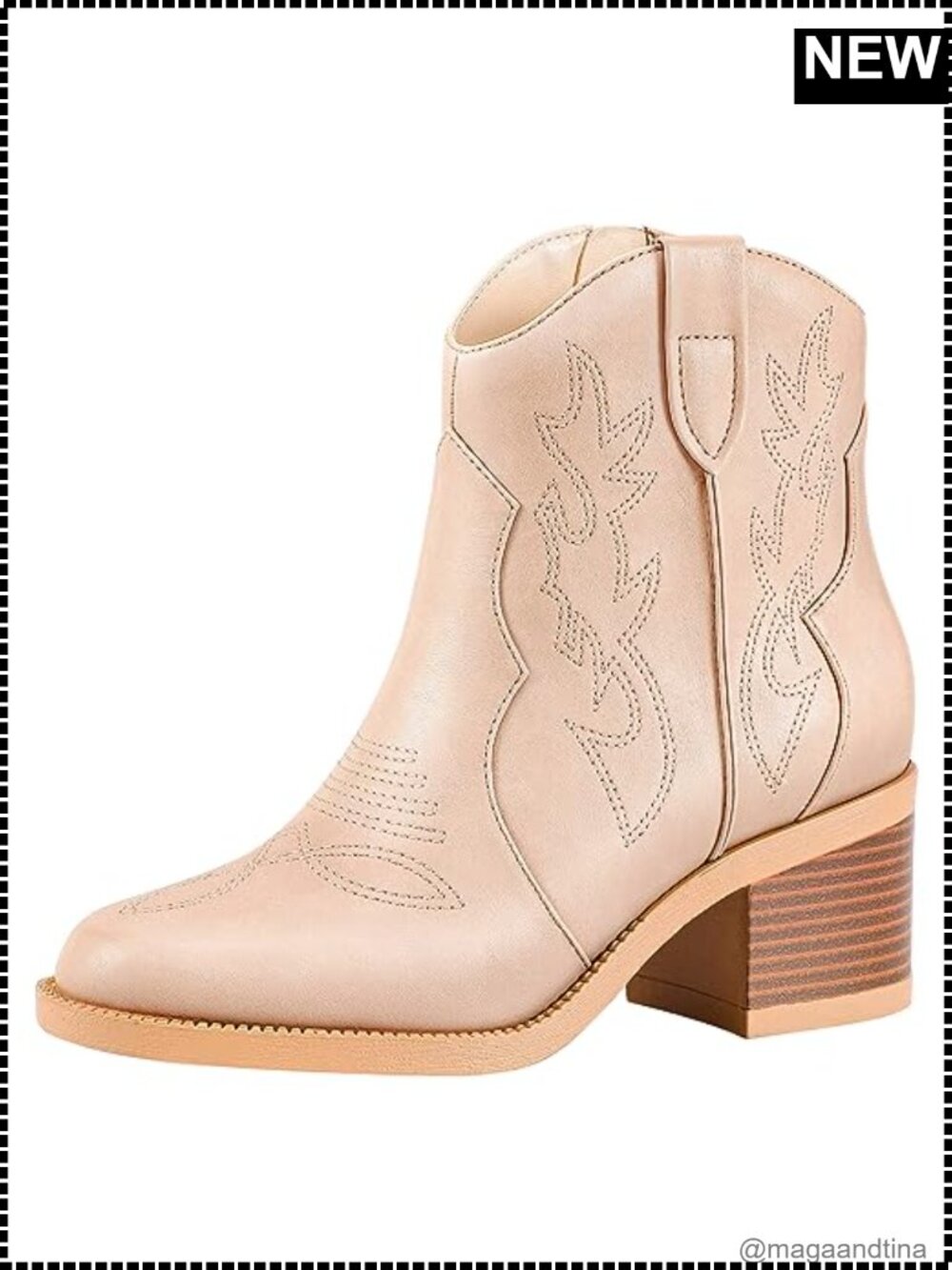 Embroidered Western Cowboy Ankle Boots Chunky Block Heel Zip Booties